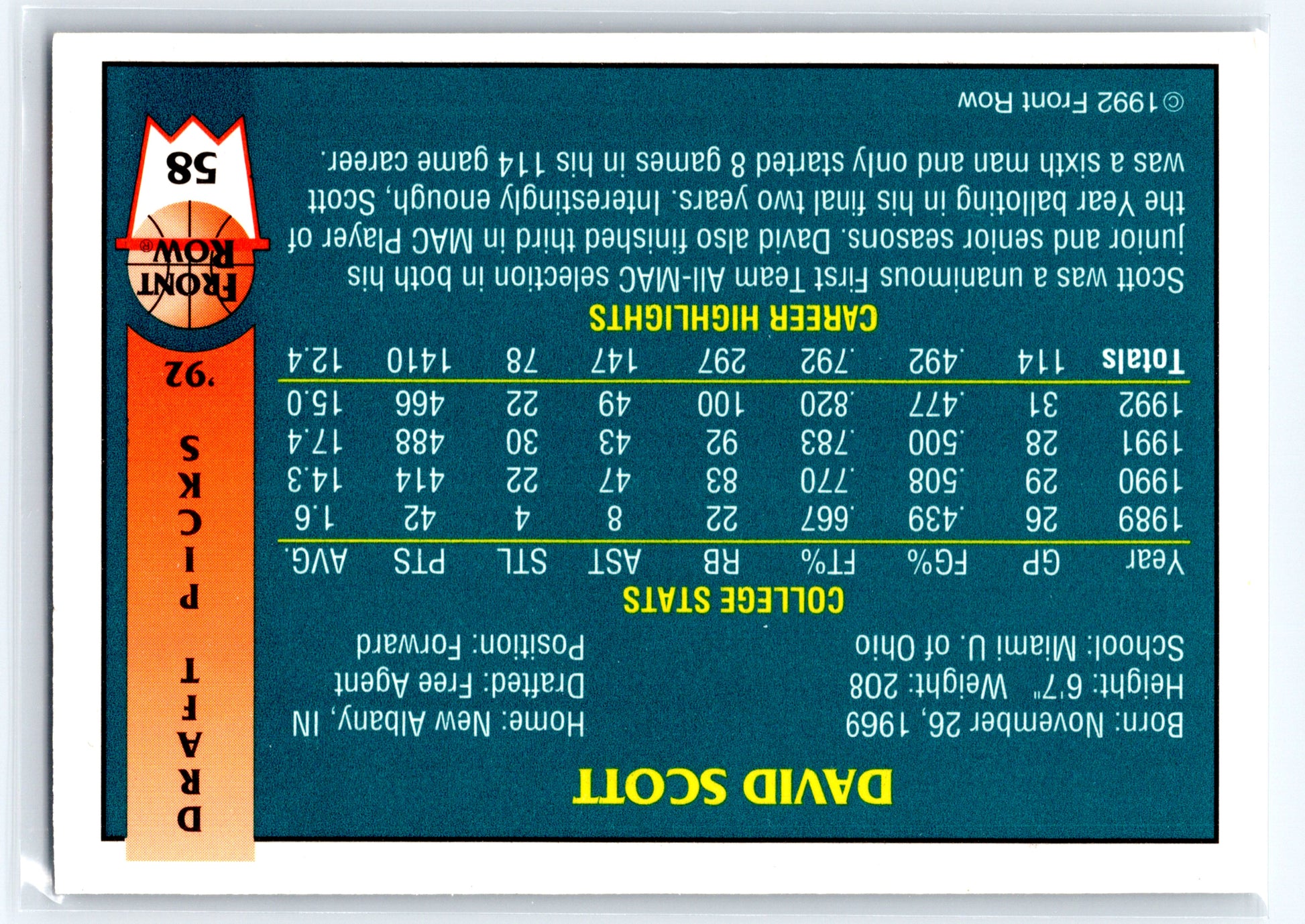 1992 Front Row Draft Picks #58 David Scott