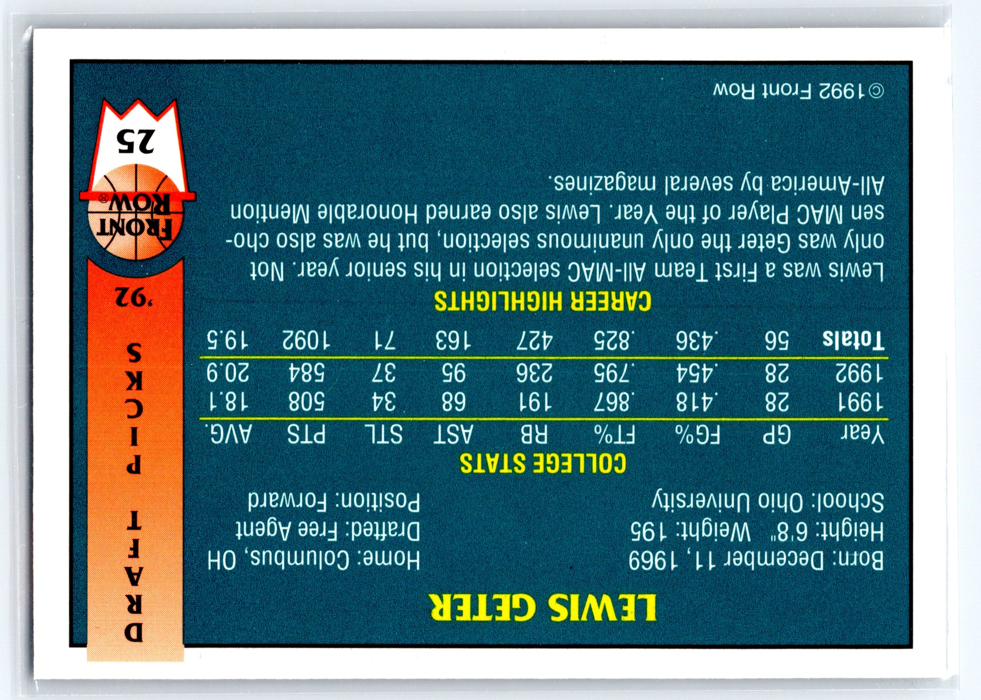 1992 Front Row Draft Picks #25 Lewis Geter