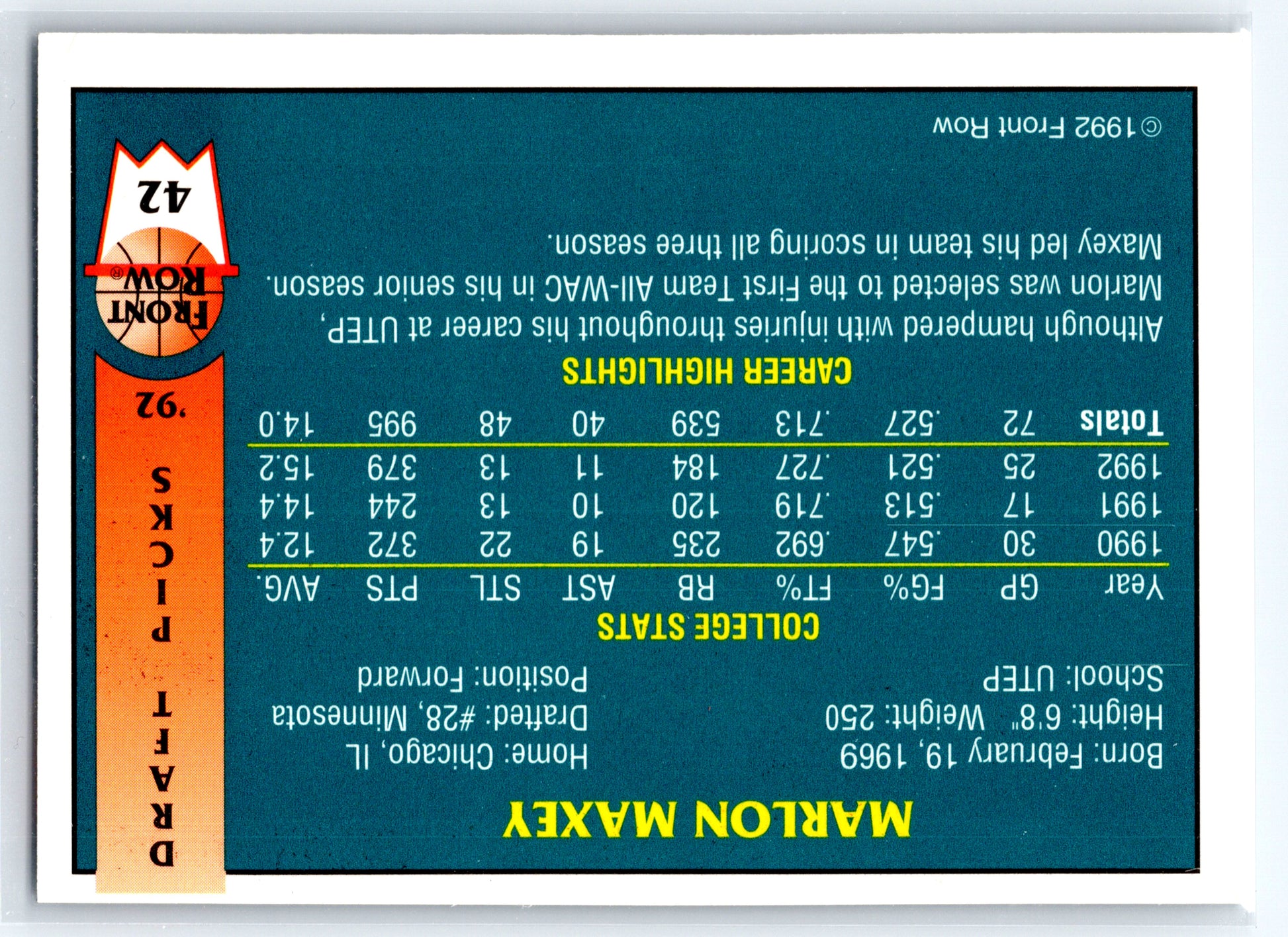 1992 Front Row Draft Picks #42 Marlon Maxey