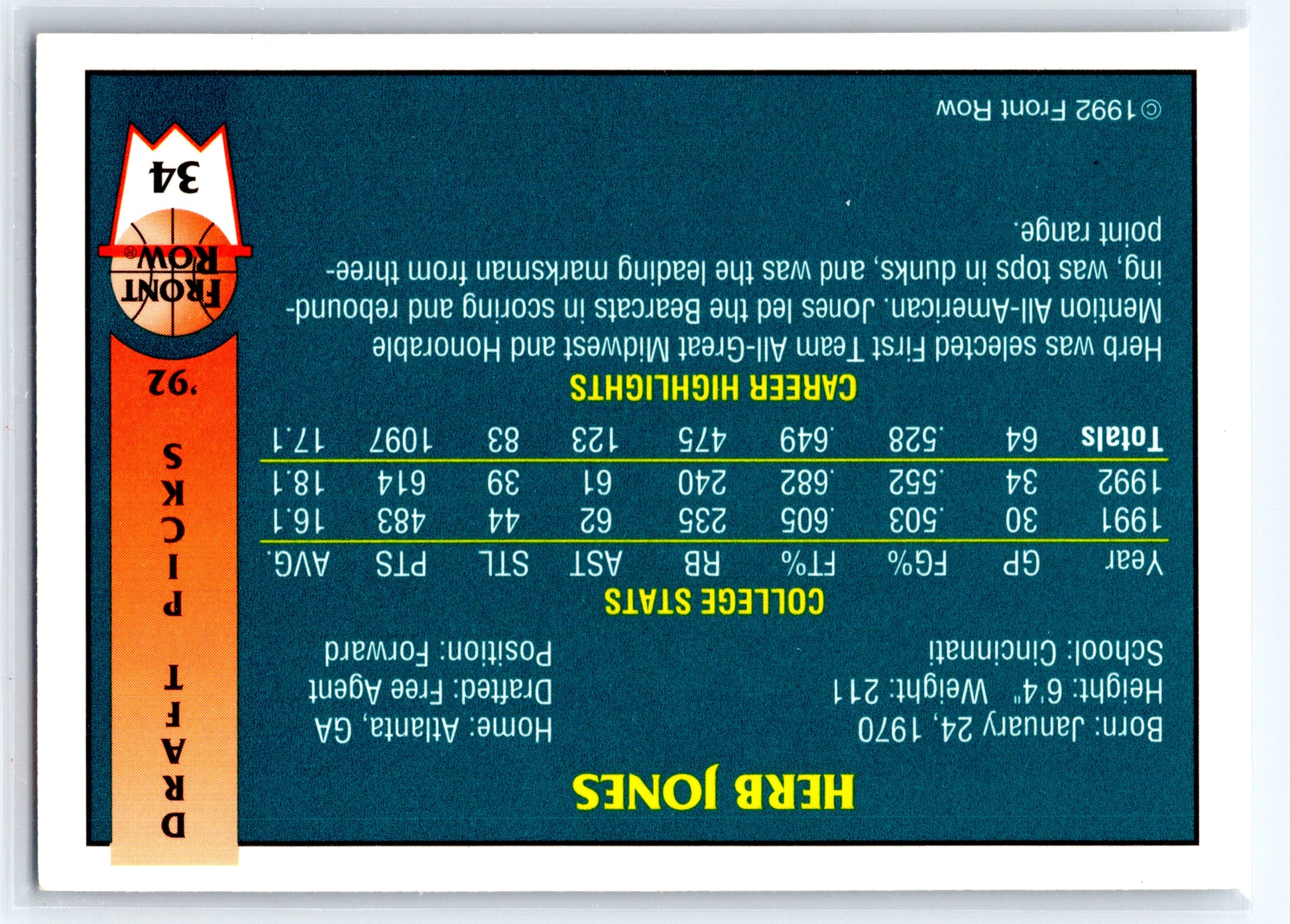 1992 Front Row Draft Picks #34 Herb Jones
