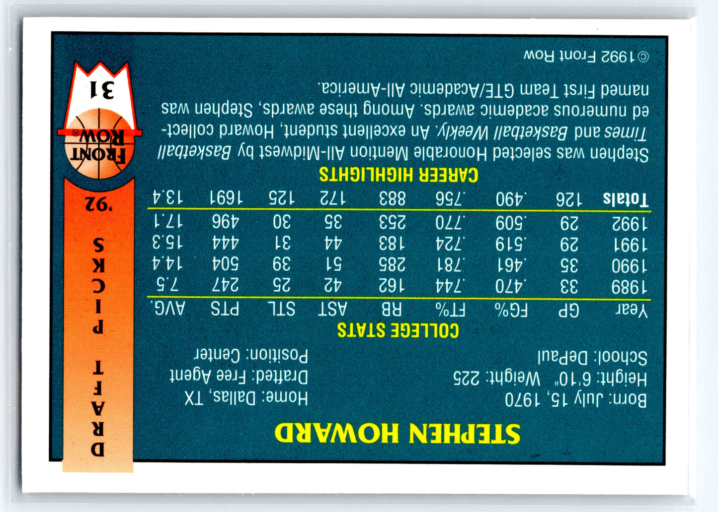 1992 Front Row Draft Picks #31 Stephen Howard