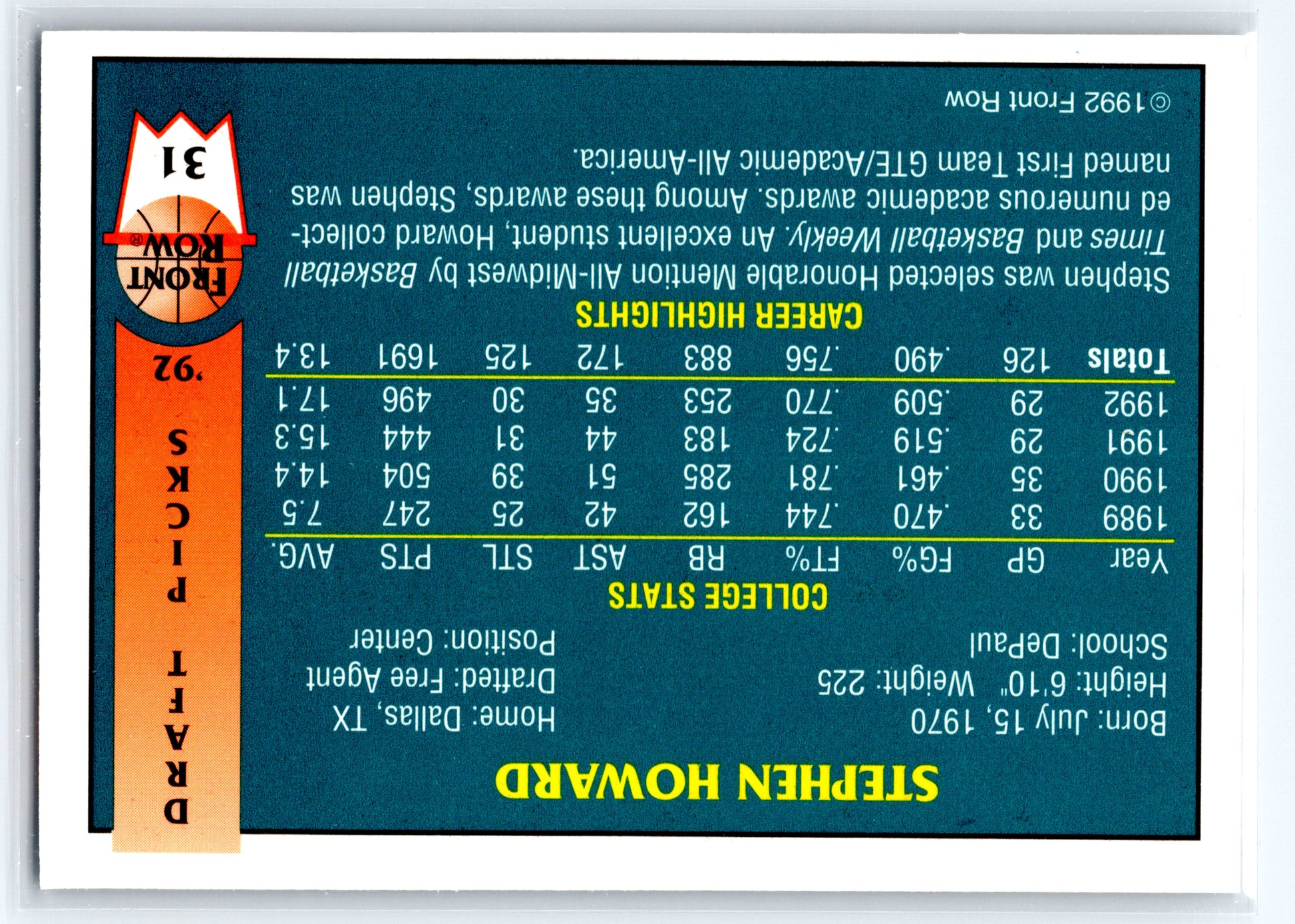 1992 Front Row Draft Picks #31 Stephen Howard