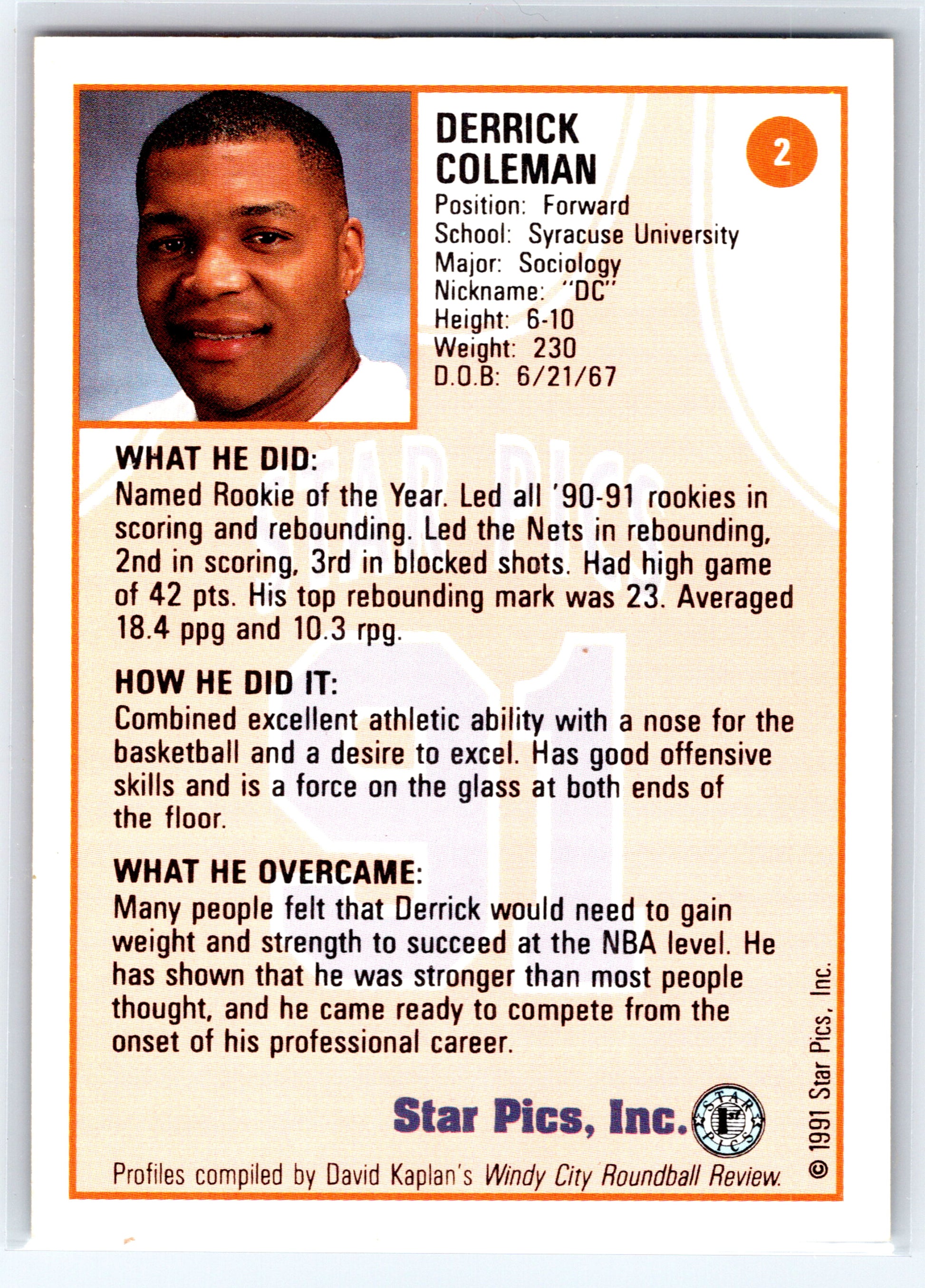 1991 Star Pics #2 Derrick Coleman