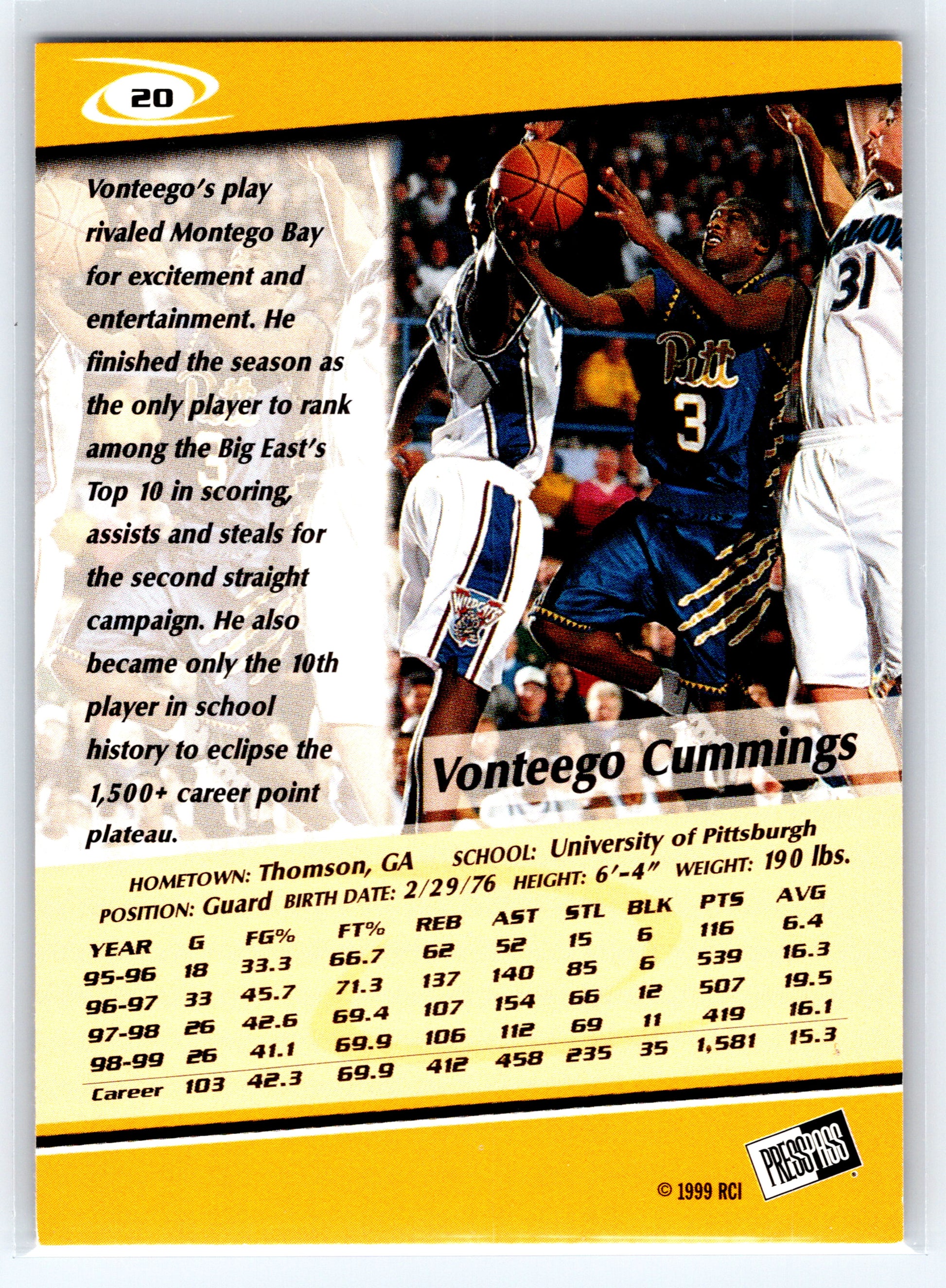 1999 Press Pass #20 Vonteego Cummings