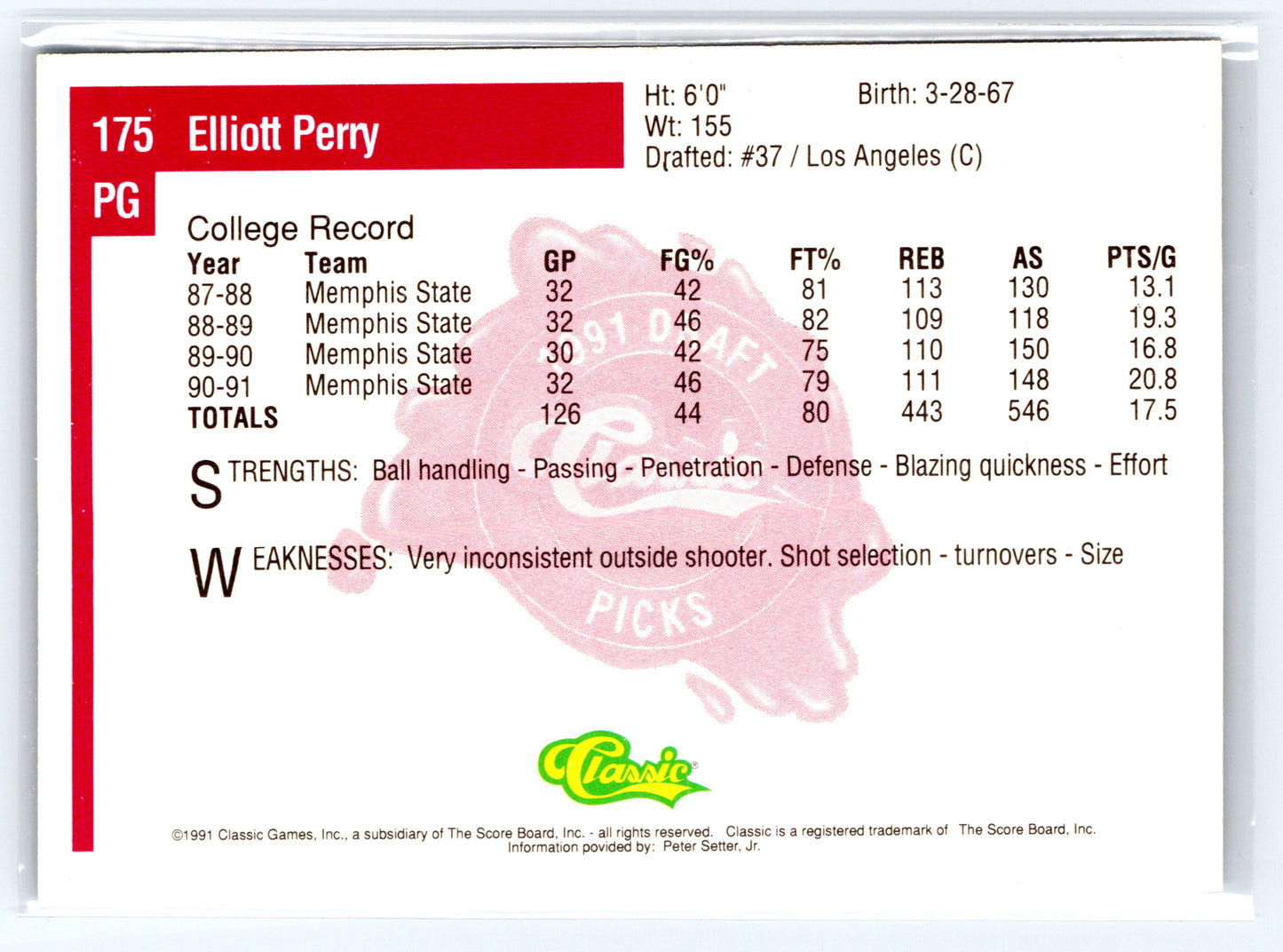 1991 Classic Four Sport #175 Elliot Perry