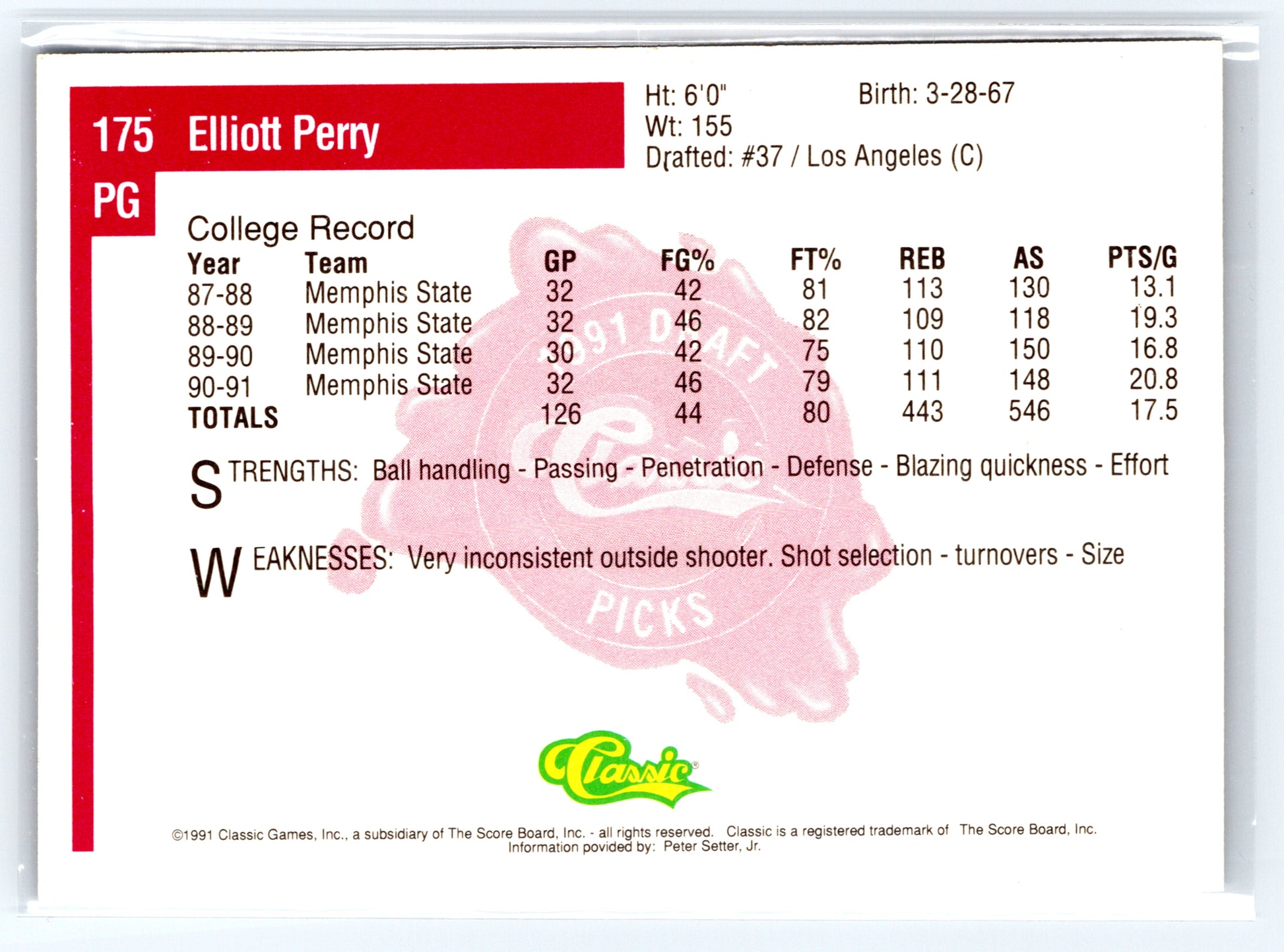 1991 Classic Four Sport #175 Elliot Perry