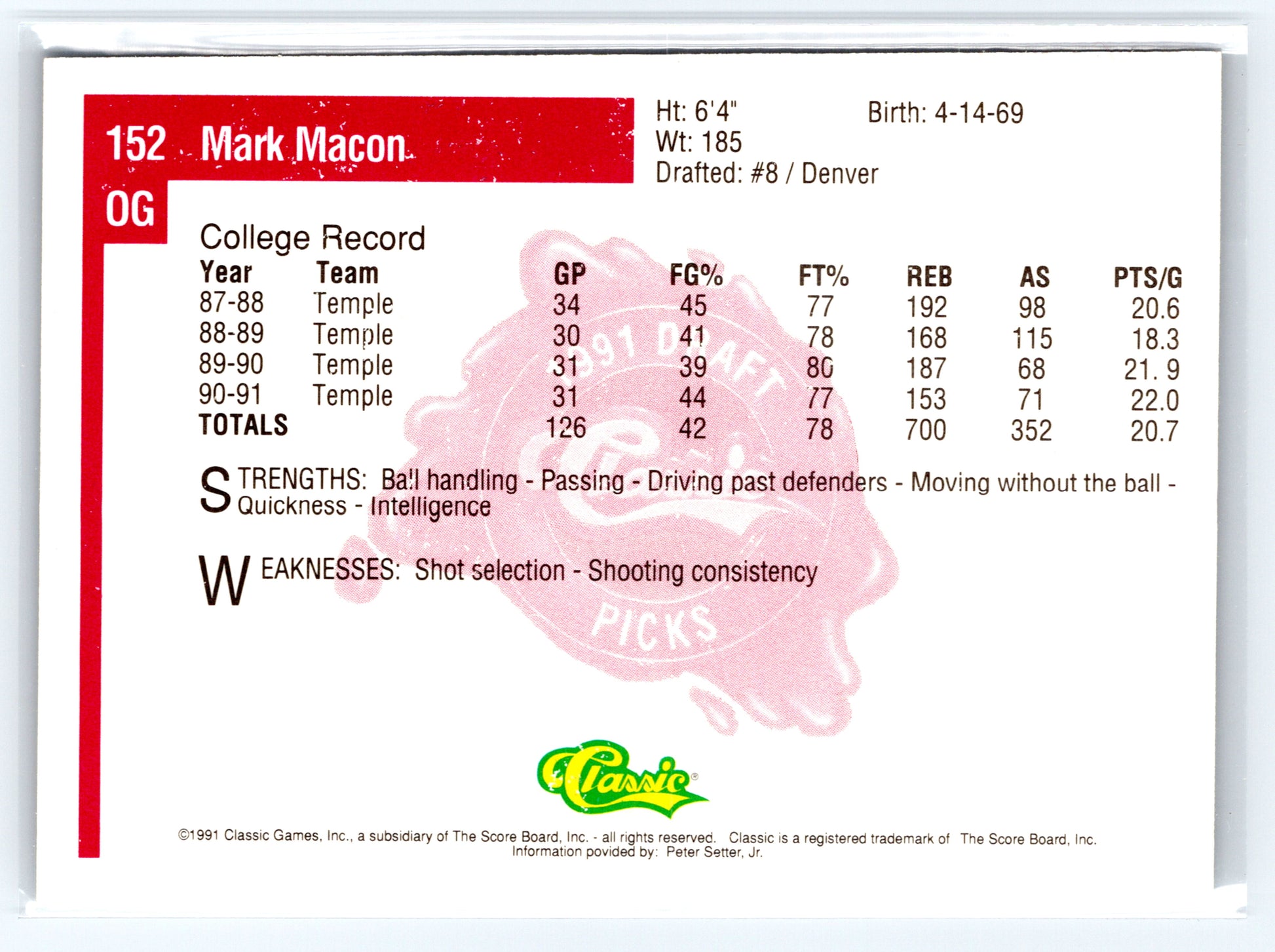 1991 Classic Four Sport #152 Mark Macon