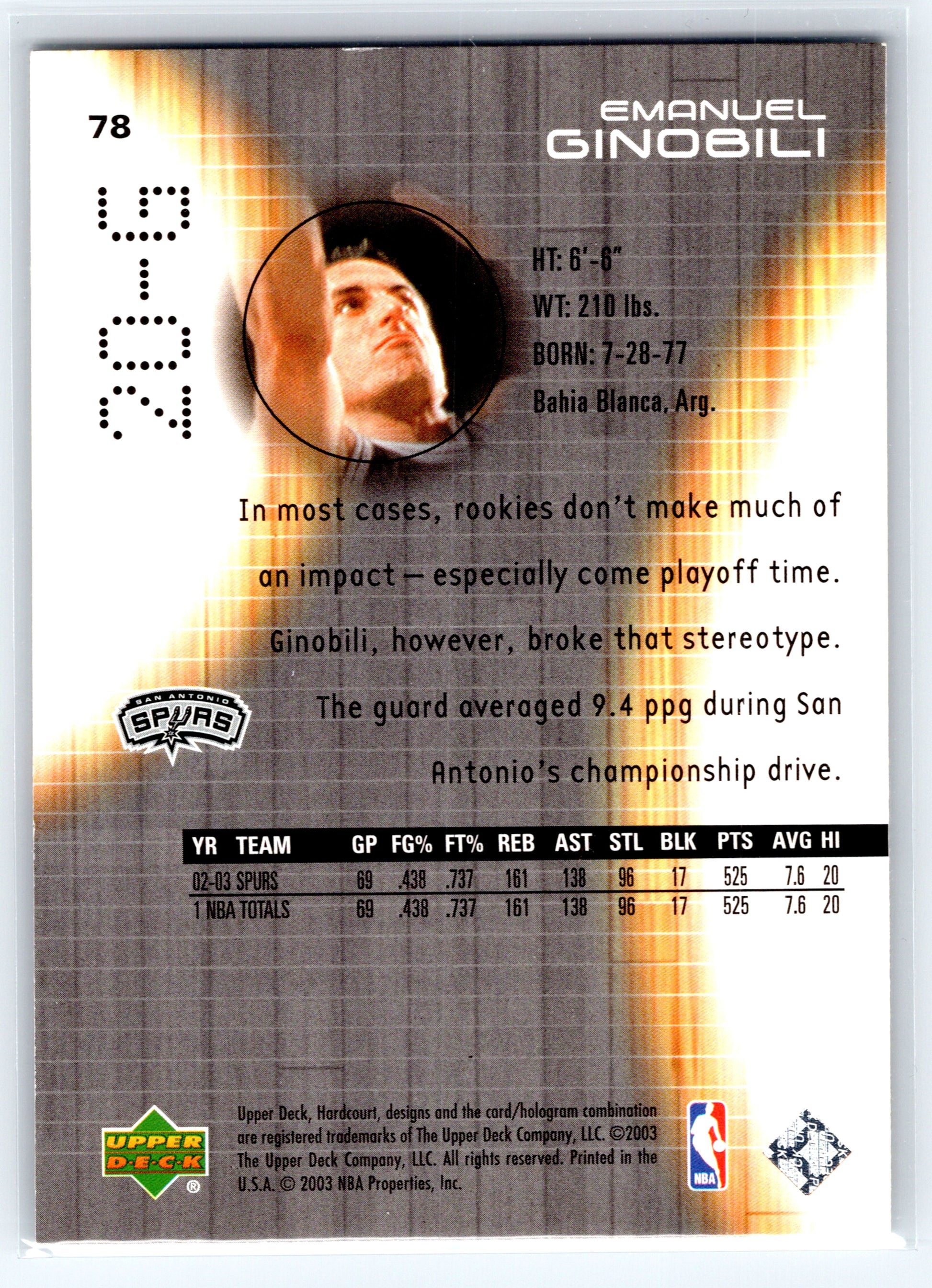 2003-04 Upper Deck Hardcourt #78 Manu Ginobili