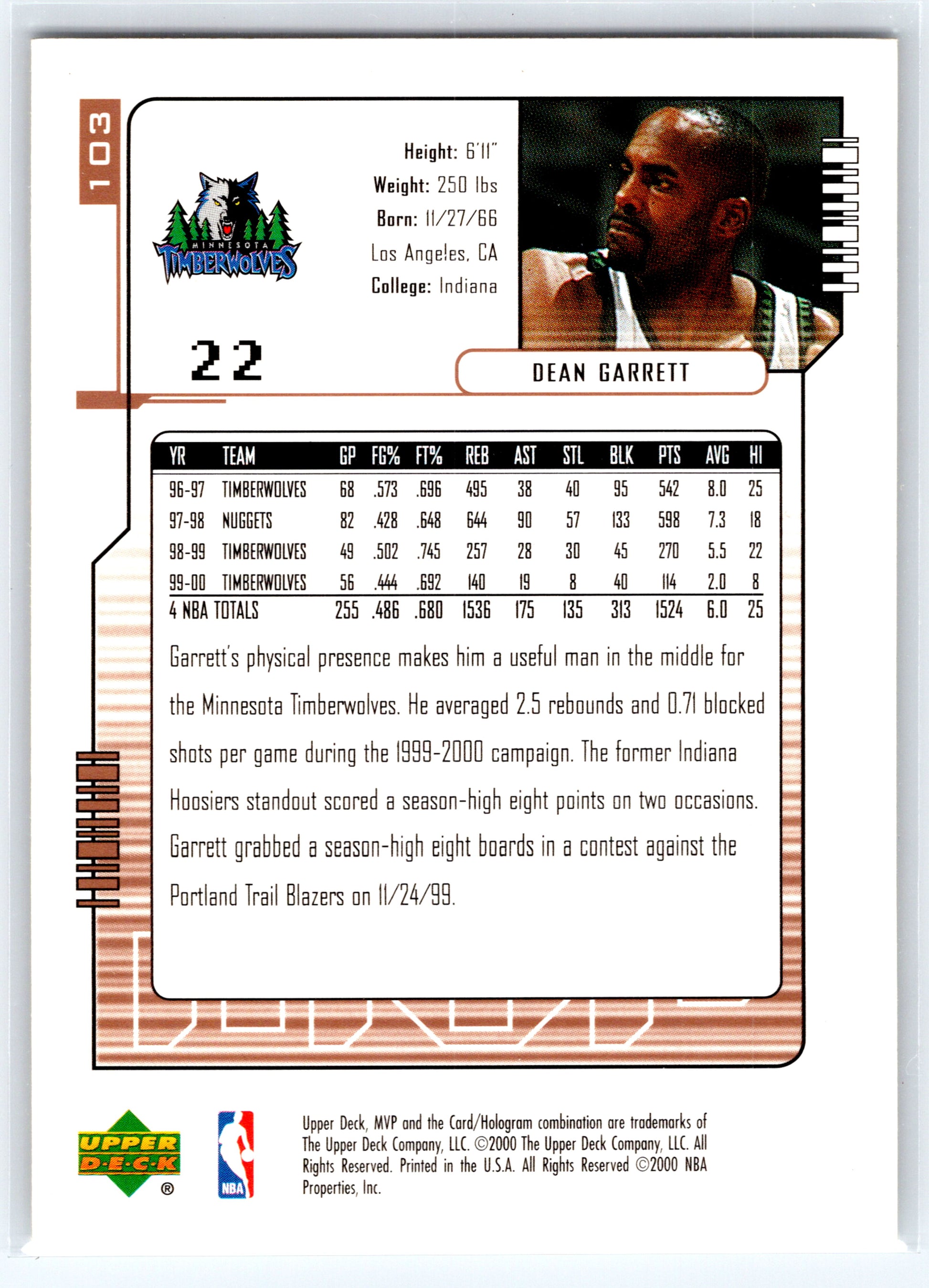 2000-01 Upper Deck MVP #103 Dean Garrett