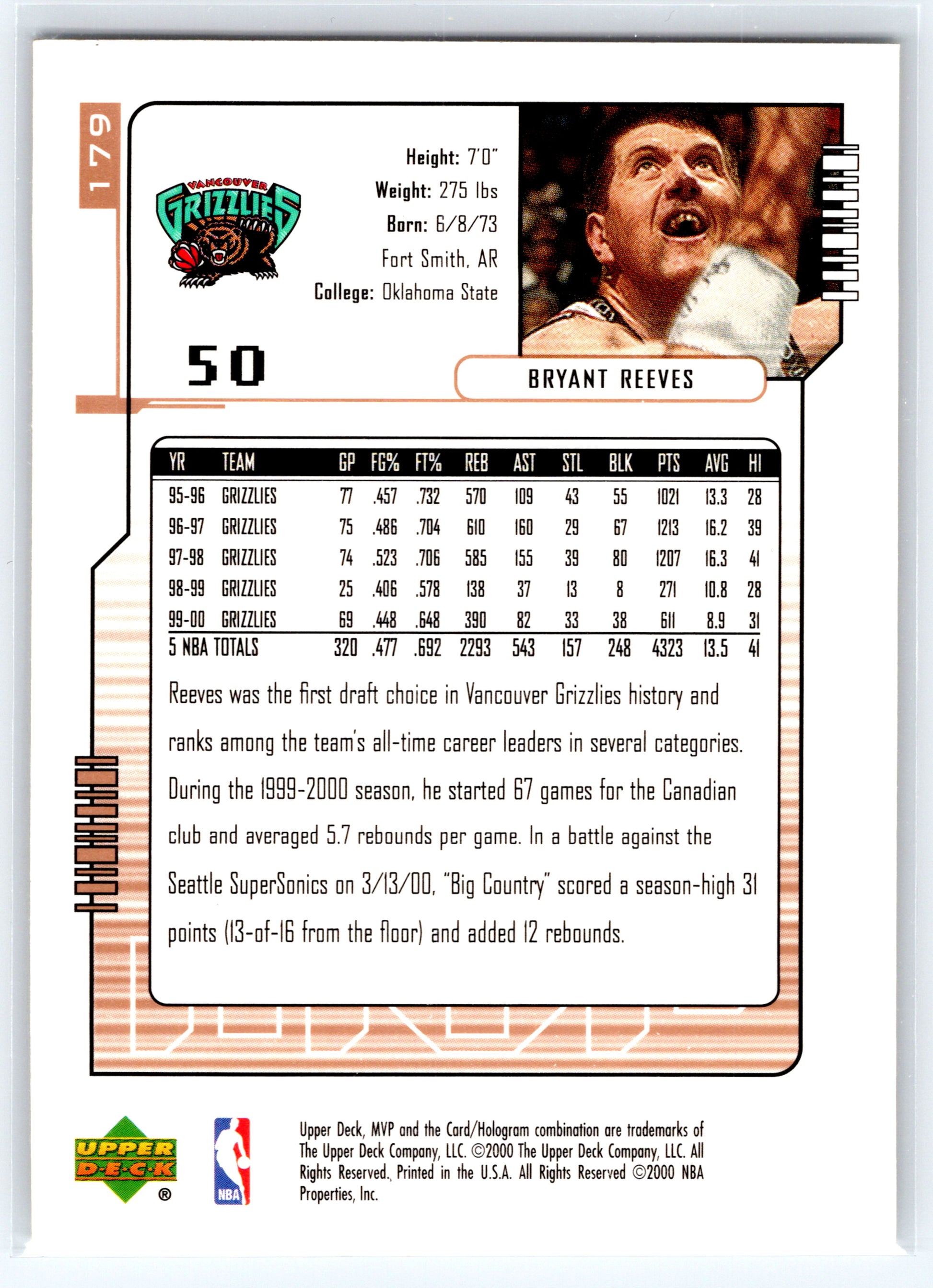 2000-01 Upper Deck MVP #179 Bryant Reeves