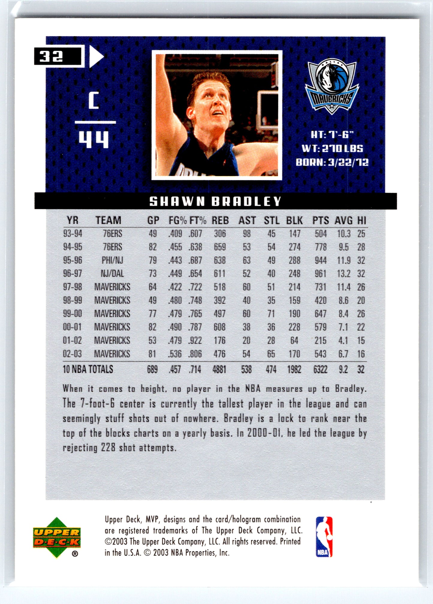 2003-04 Upper Deck MVP #32 Shawn Bradley