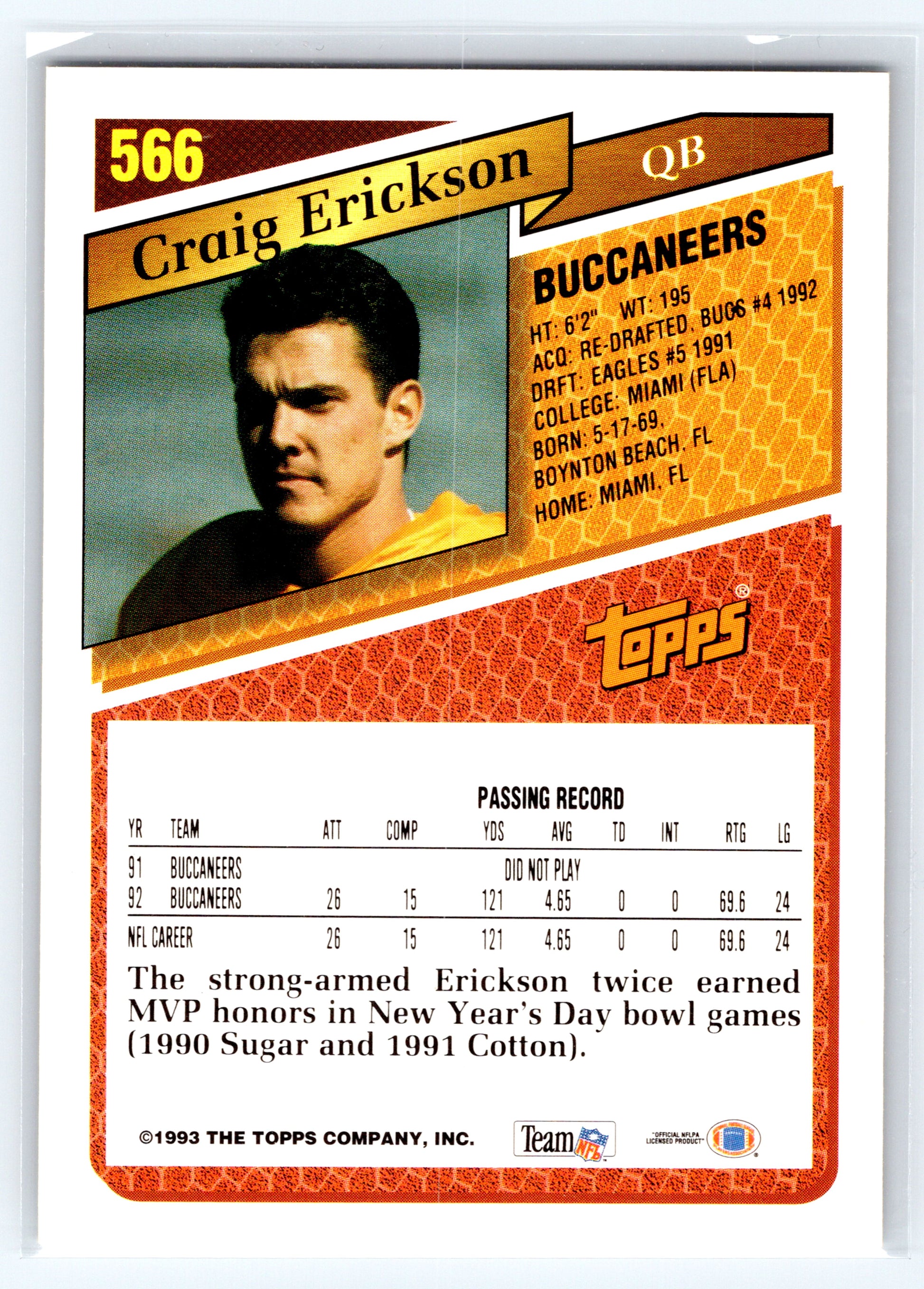 1993 Topps #566 Craig Erickson Gold