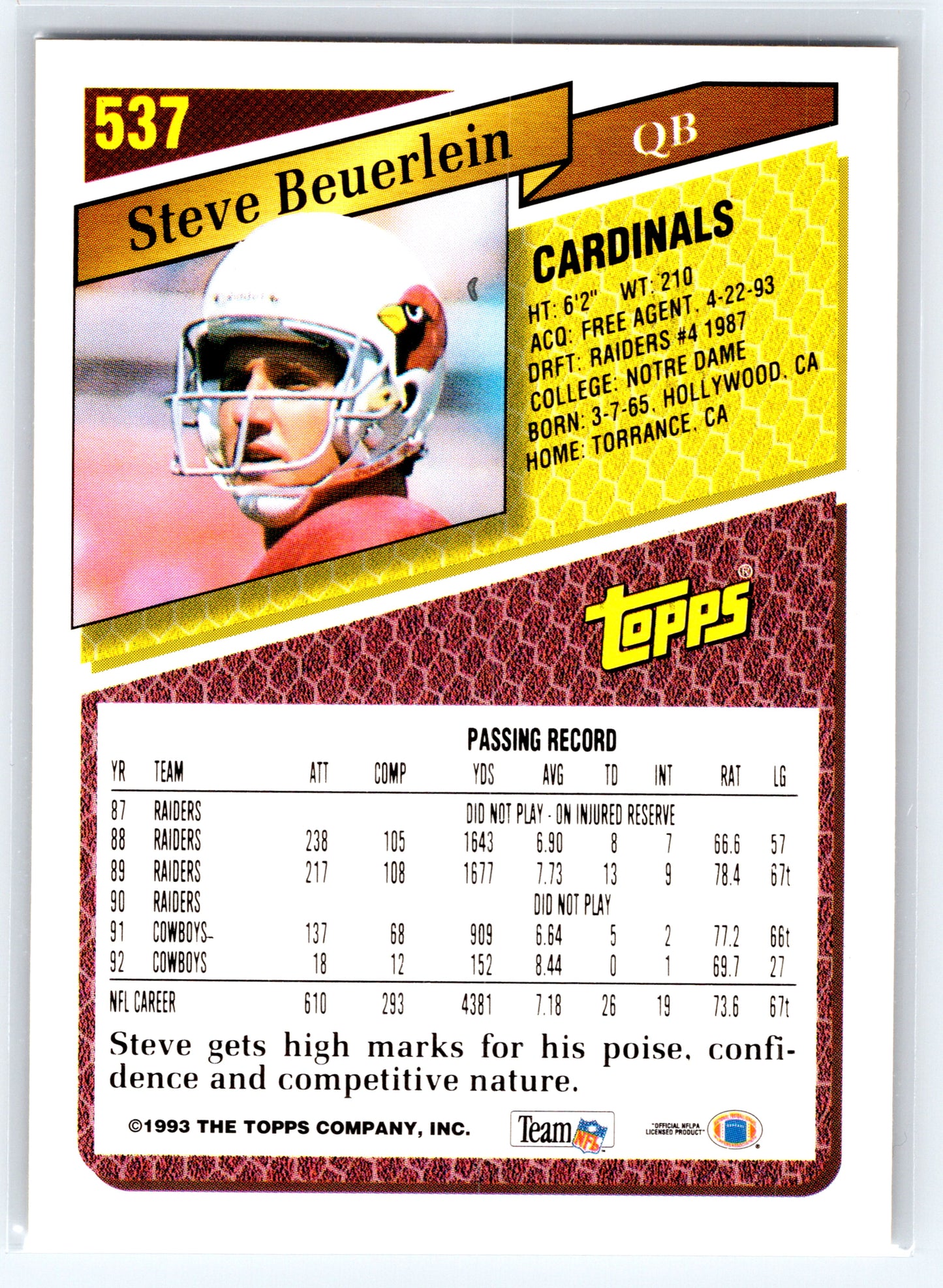 1993 Topps #537 Steve Beuerlein Gold