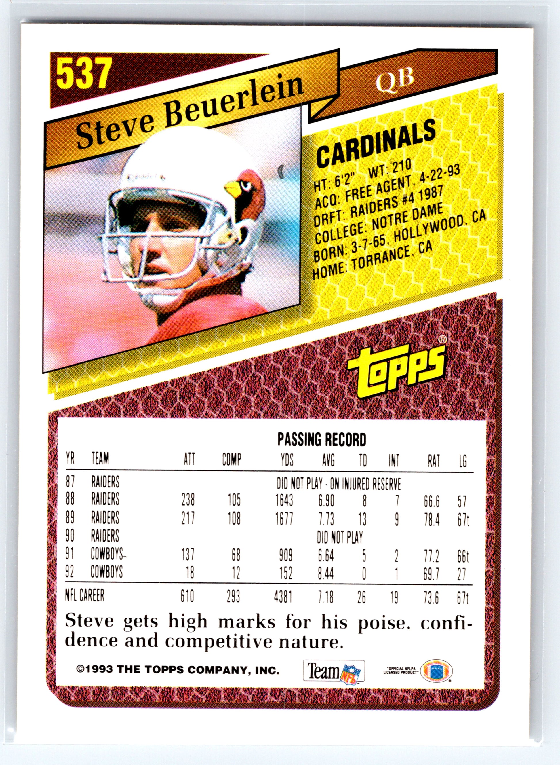 1993 Topps #537 Steve Beuerlein Gold