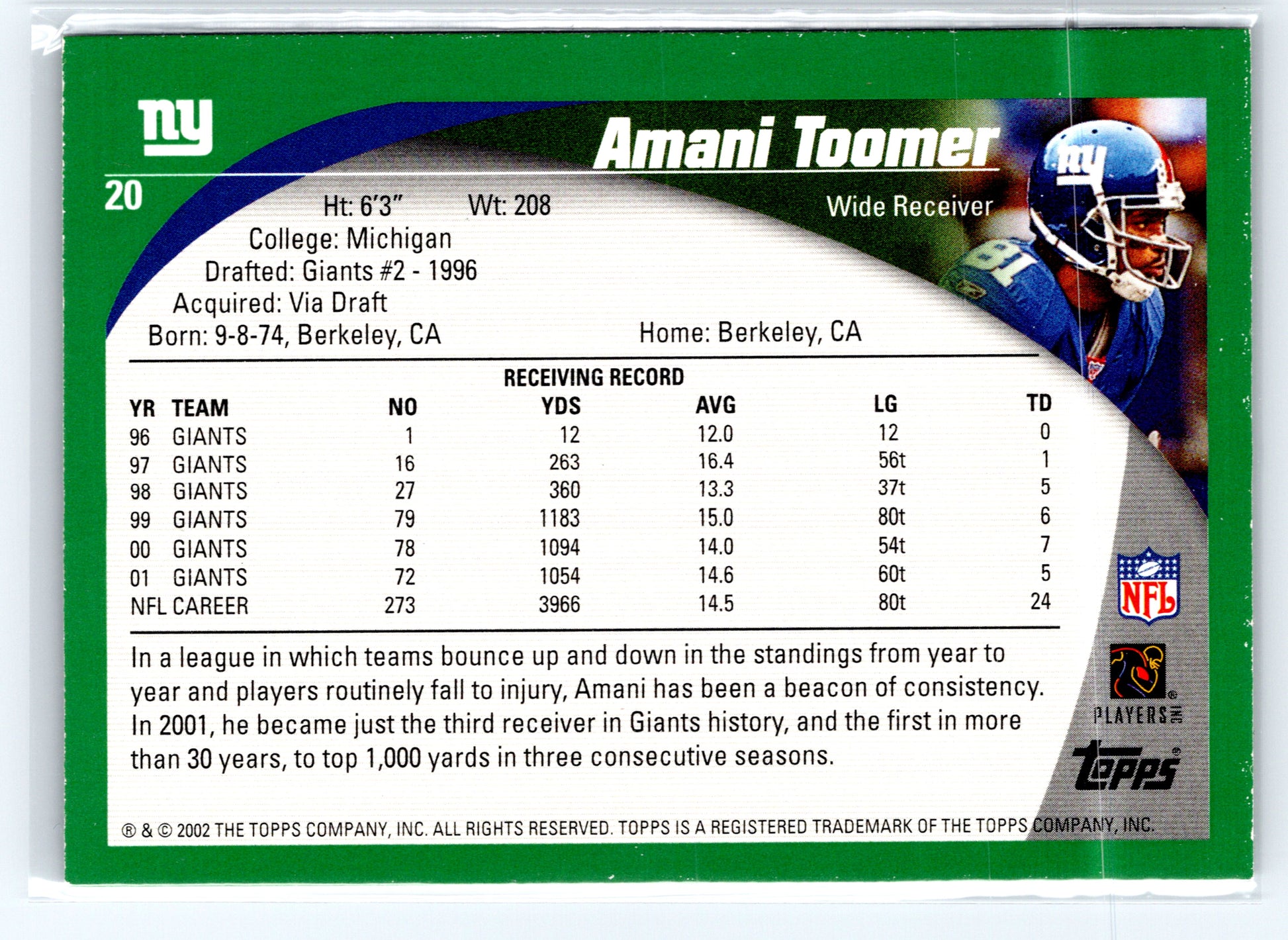 2002 Topps #20 Amani Toomer Topps Collection